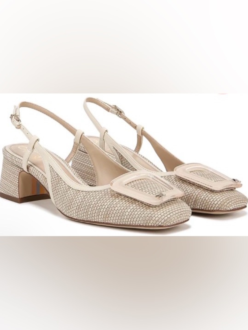 Sam Edelman Beige Woven Slingback Block-Heel Pumps